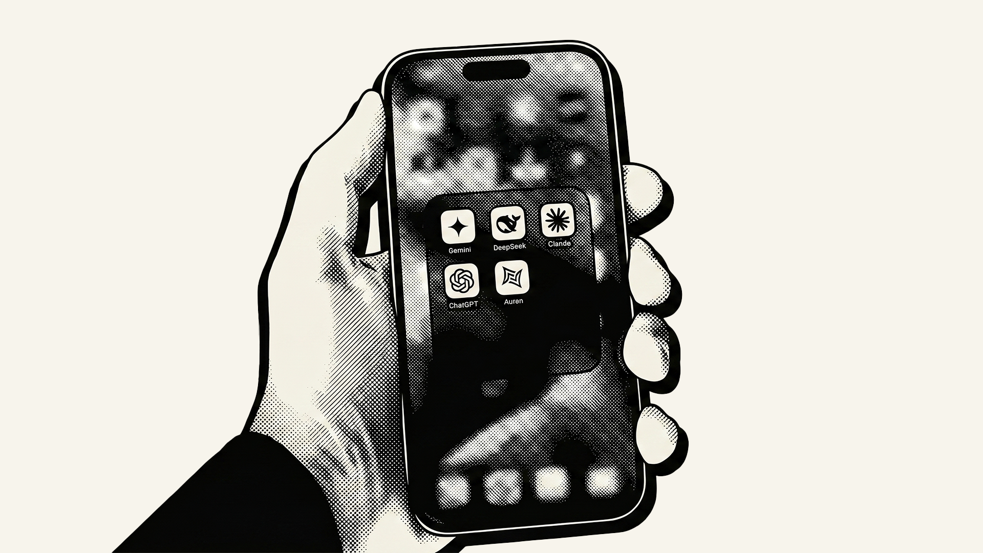Hand holding a phone with the home screen showing five AI apps: Gemini, DeepSeek, Claude, ChatGPT, Auren.
