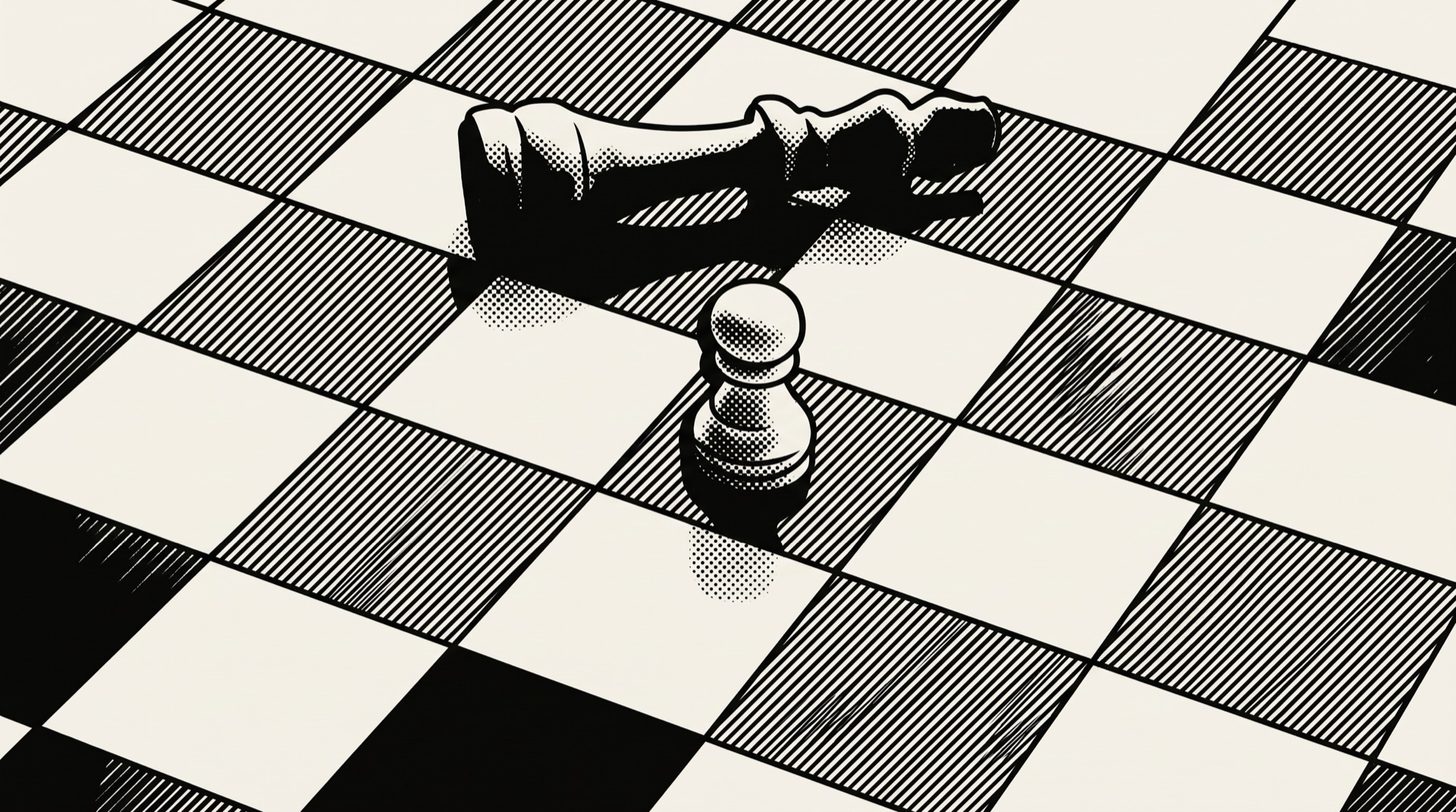 Halftone illustration of a toppled chess king lying behind a single upright pawn on a chessboard.