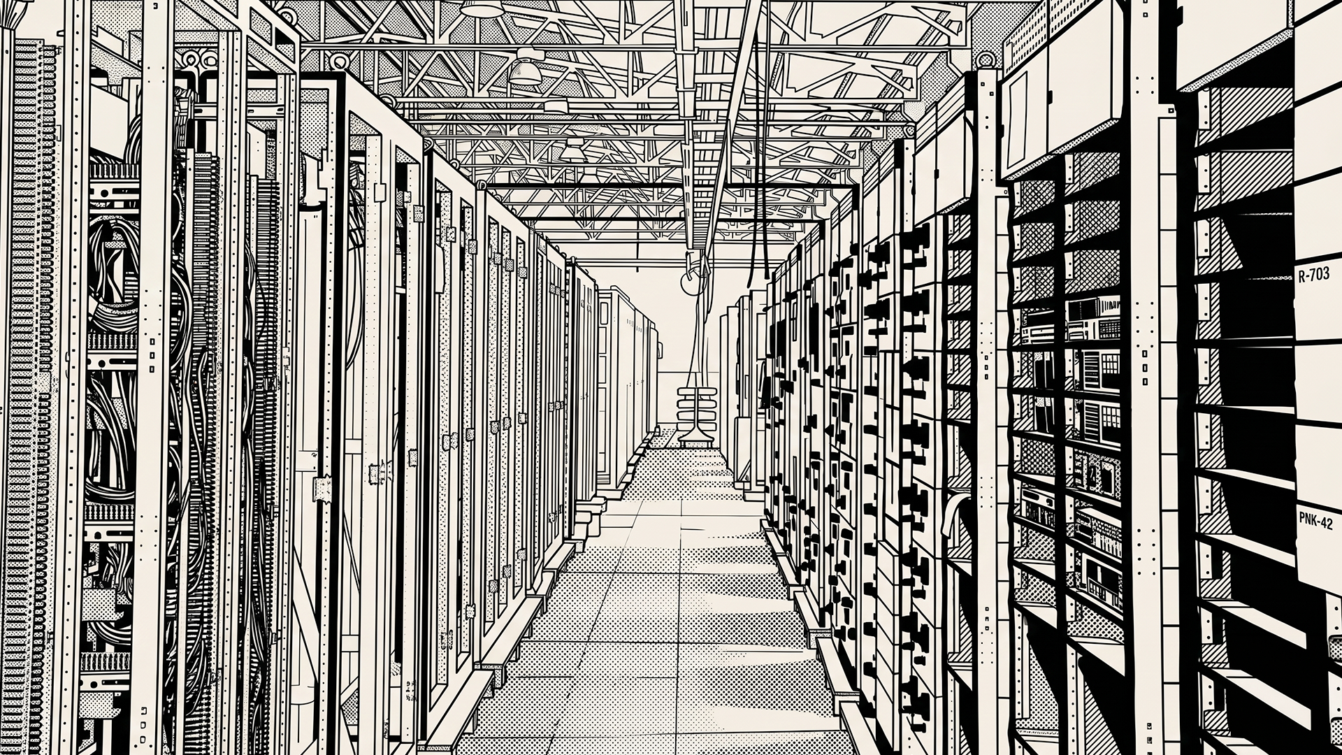 Black-and-white line illustration of a hyperscale data center aisle, server racks receding to a vanishing point.
